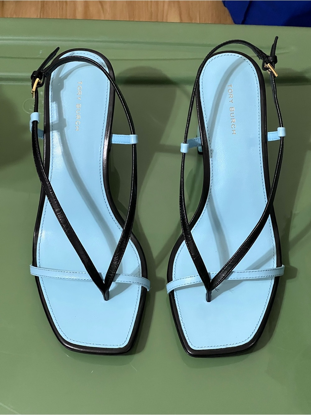 Tory Burch Light Blue and Black Leather Strappy Square-Toe Sandals